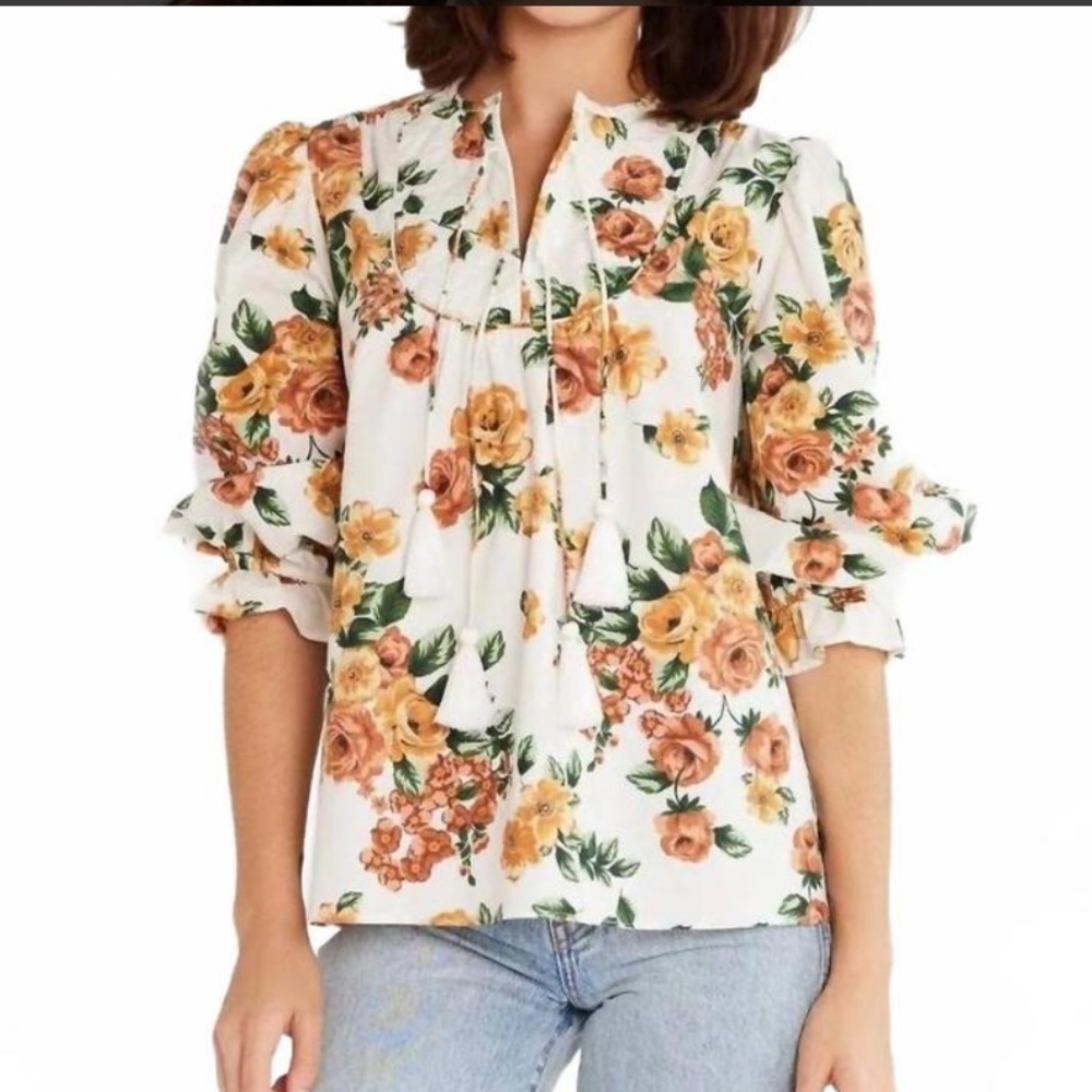 Mille Guilia Floral Top In White Multi 100% Cotton Tassel Neckline Size Medium